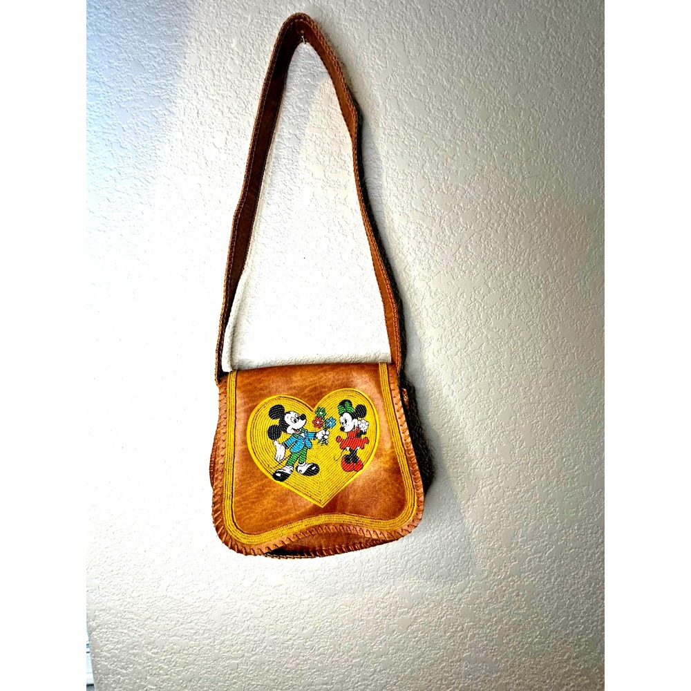 Vintage 70's American Mickey Mouse bead embroidered leather purse